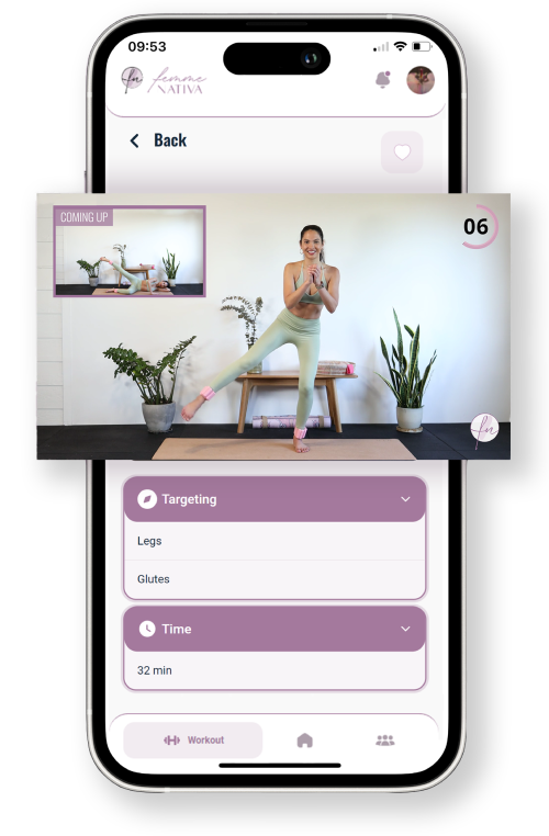 femme nativa mobile app screen of rachael attard working out