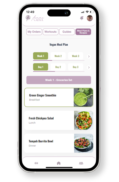 femme nativa app showing meal plan